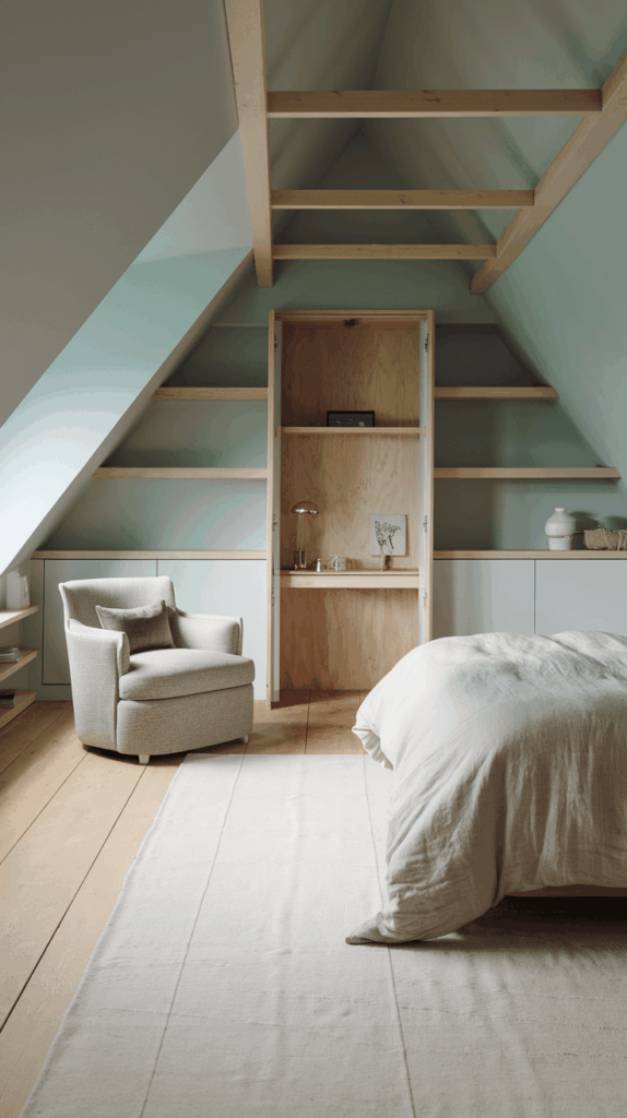 Attic loft bedroom idea with minimalist decor, exposed beams, a soft armchair, open shelving, and serene wood finishes for a master attic bedroom look.