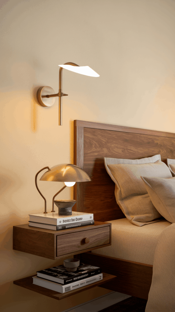 Warm bedroom featuring a floating wooden bedside table with a drawer and open shelf, styled with books, a table lamp, and elegant wall sconce lighting.