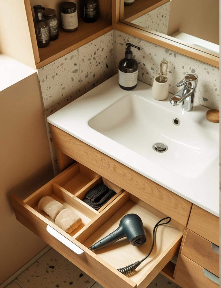 A bathroom vanity with a white sink and wooden drawers, featuring organized under-sink storage with compartments for a hair dryer, rolled towels, and toiletries.