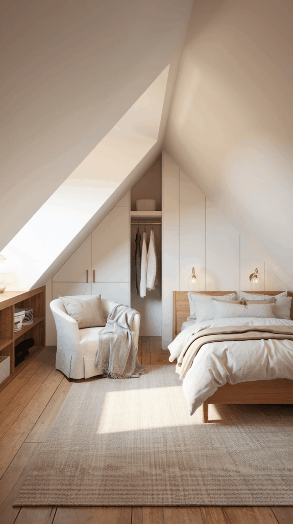 Minimalist attic bedroom with slanted ceiling, wooden floor, built-in closet, soft armchair, and cozy bedding in neutral colors.