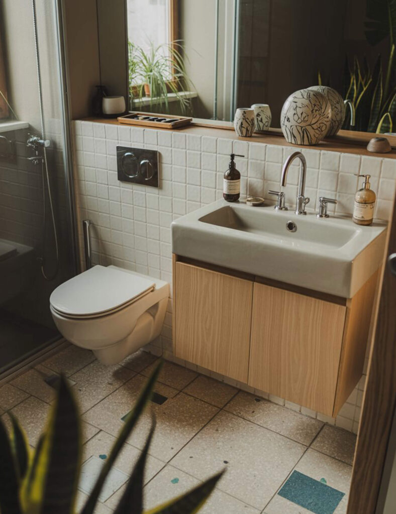 Cozy bathroom featuring a wall-mounted toilet and floating cabinet beneath a wide counter and decorative shelf.