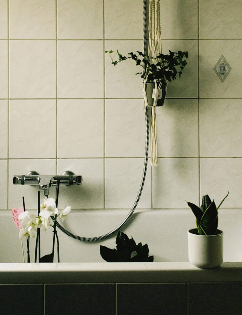 Small bathroom with a bathtub, featuring plants placed on the tub edge and a hanging planter on the tiled wall to utilize available space.