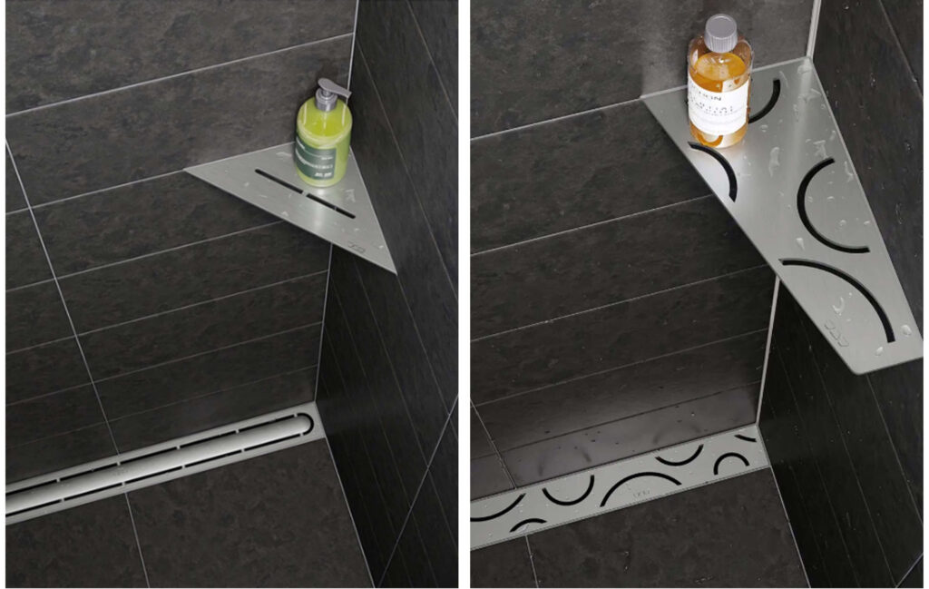 Modern shower corner with dark tiles featuring a silver Schlüter shelf built into the grout, holding a soap dispensers.