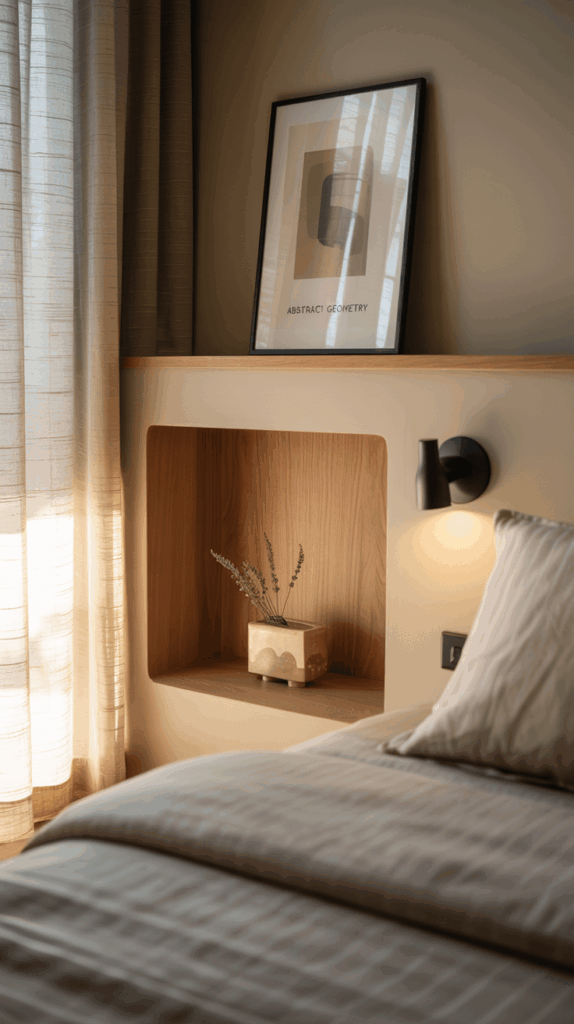 Warm bedroom corner with a built-in wooden bedside shelf displaying art and decorative objects, illuminated by a modern wall sconce.