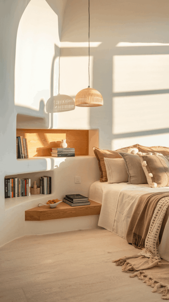 Mediterranean-style bedroom with built-in floating bedside shelves, woven pendant lights, and warm neutral bedding in natural tones.