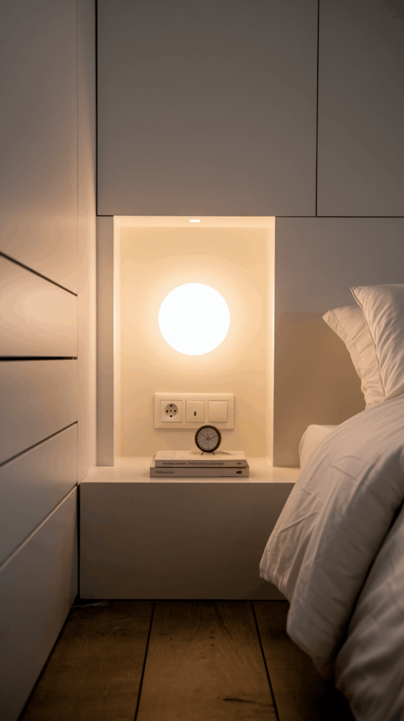 Modern bedroom featuring a built-in illuminated bedside niche with books and a clock, surrounded by sleek gray cabinetry.