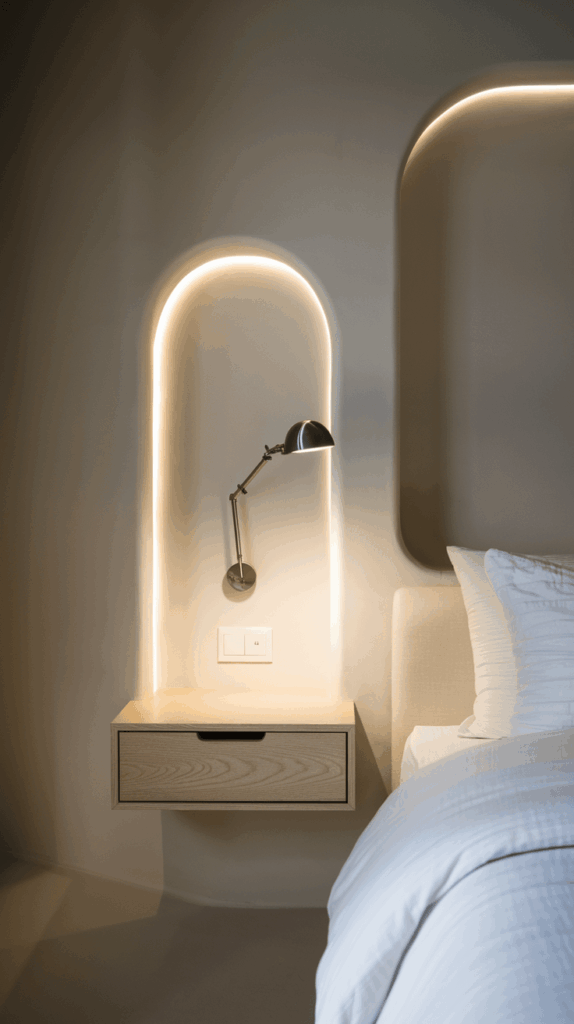 Contemporary bedroom with a floating wooden bedside drawer in an illuminated arch-shaped niche, next to crisp white bedding.