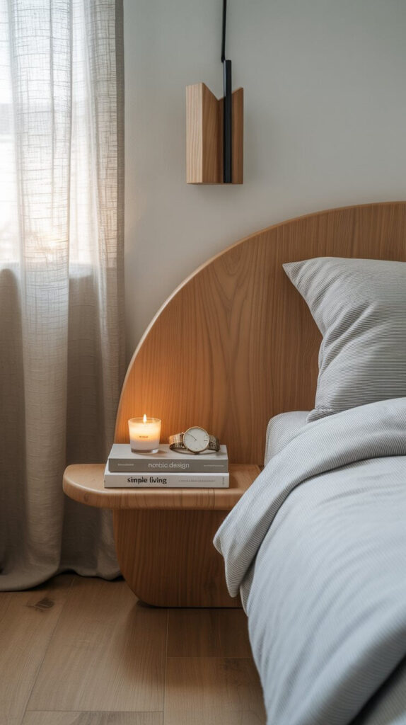 Scandinavian-style bedroom with a curved wooden headboard featuring an integrated bedside shelf holding books, a candle, and a small clock.