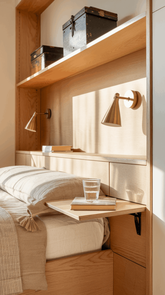 Cozy bedroom nook with a fold-down wooden bedside table holding a book and glass, complemented by built-in shelving and warm brass lighting.