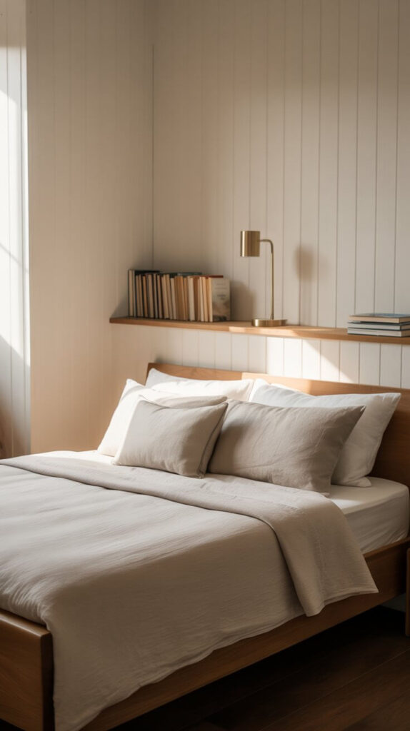 Serene bedroom with a continuous wooden floating shelf running behind the bed, holding books and a brass table lamp against warm wood paneling.