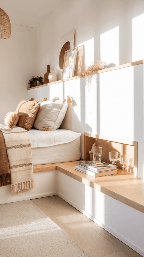 Bright bedroom corner with built-in seating and illuminated wooden floating shelves displaying books and glassware, bathed in natural sunlight.