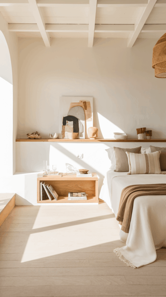 Mediterranean-style bedroom featuring a built-in wooden bedside shelf with open storage compartment, styled with ceramics and natural textures.
