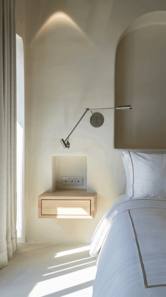 Minimalist bedroom featuring a floating wooden bedside drawer with built-in lighting, set within a clean white niche beside the bed.