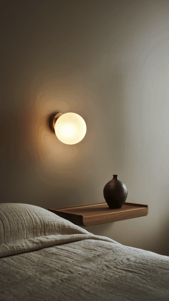 Serene bedroom corner with a narrow floating wooden bedside table holding a ceramic vase, illuminated by a warm globe wall light.