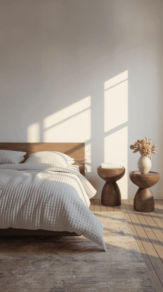 Modern bedroom with sculptural wooden bedside tables featuring curved hourglass shapes, holding decorative items and dried flowers in soft natural light.