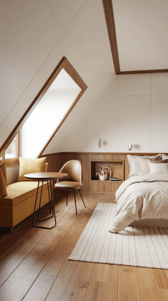Small attic bedroom with slanted ceiling, built-in bench, round table, warm wood accents, and neutral cozy bedding.