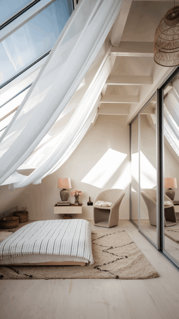 Minimalist attic loft bedroom with slanted ceiling, large skylights, sheer curtains, and low bed on plush carpet, reflecting soft and airy design.