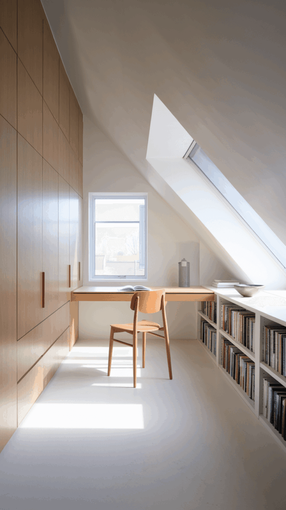 Minimalist attic loft bedroom idea with slanted ceiling, large built-in wardrobe, and bright workspace filled with books and Scandinavian wooden furniture.