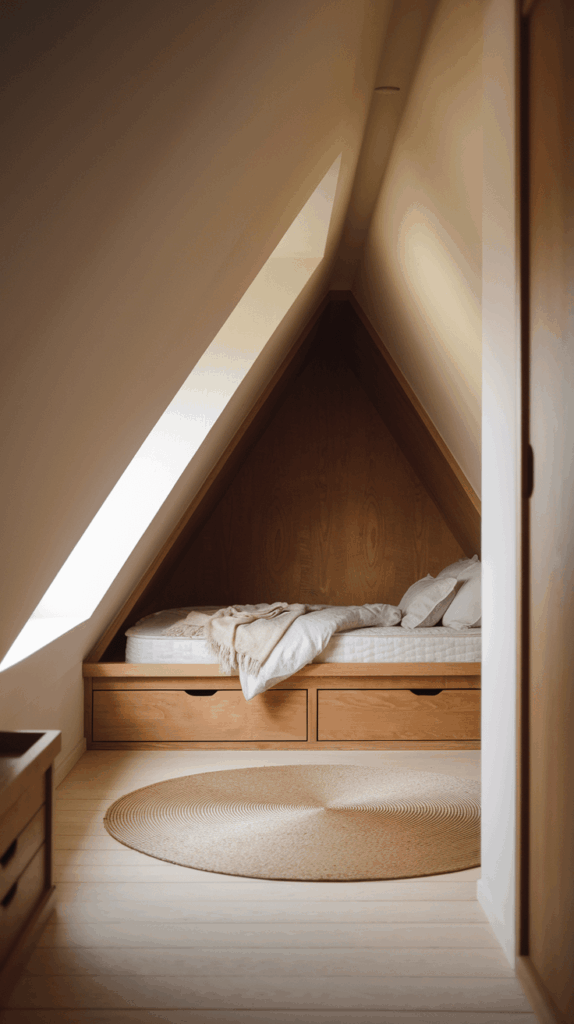 Tiny attic bedroom with built-in attic bed, storage drawers, and slanted ceiling, showcasing warm wood and soft neutral bedding designed for small attic spaces.