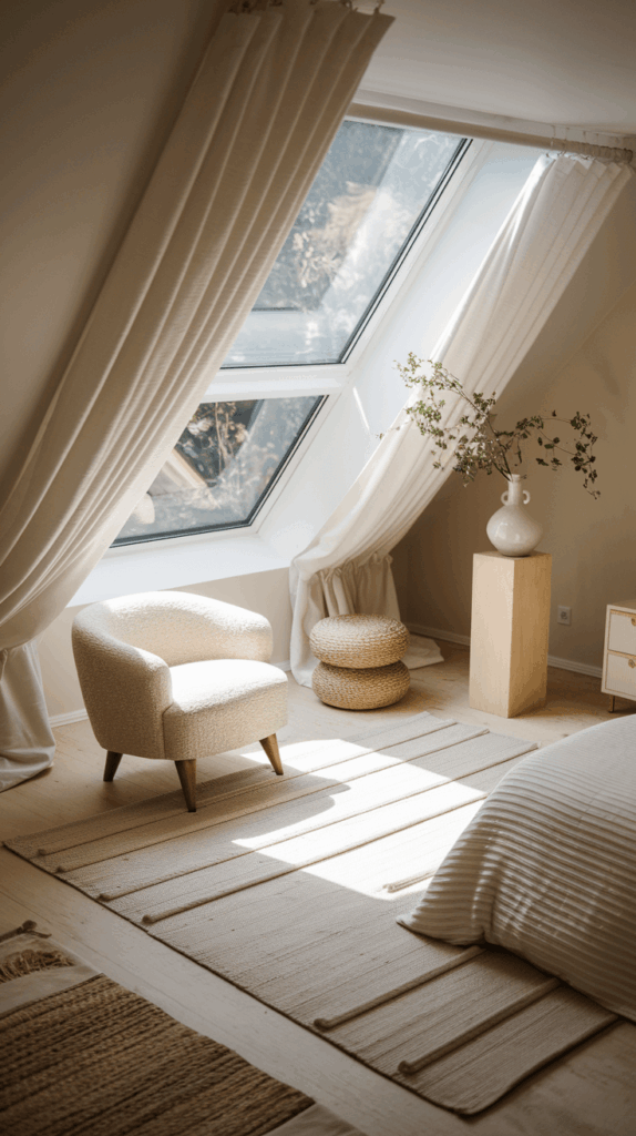 Cozy attic bedroom with slanted ceiling, large skylight, soft neutral textiles, and elegant accent seating, ideal for small attic ideas and low ceilings.