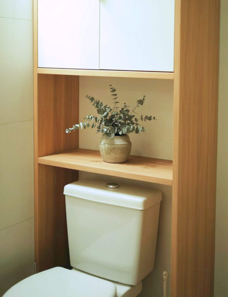 Simple bathroom design with a toilet positioned under a wooden shelving unit holding a green plant and cabinets.