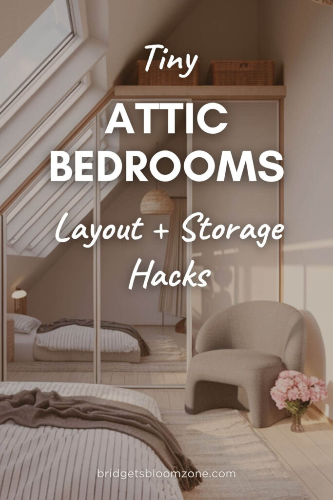 Tiny attic bedroom featured on a Pinterest pin. Girly vibes, flowers, clean bright morning lights, mirror, bed and a large angeld window are visible.