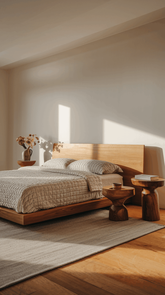 Bedroom showcasing two sculptural wooden bedside tables with natural vases, and a contemporary platform bed bathed in morning light.