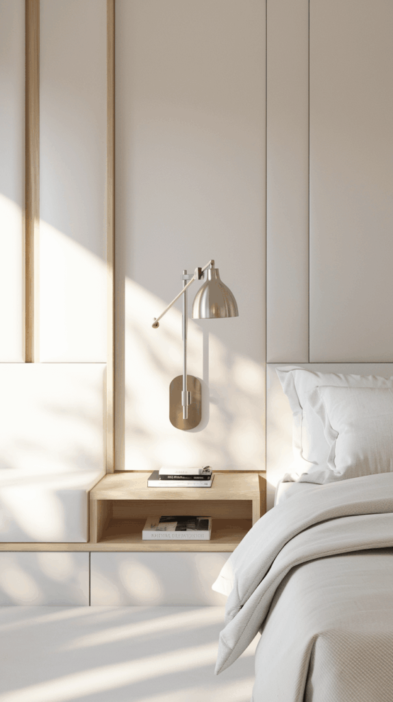 Serene bedroom with a wall-mounted bedside table holding books and a reading lamp, next to a crisp white bed with soft linens.