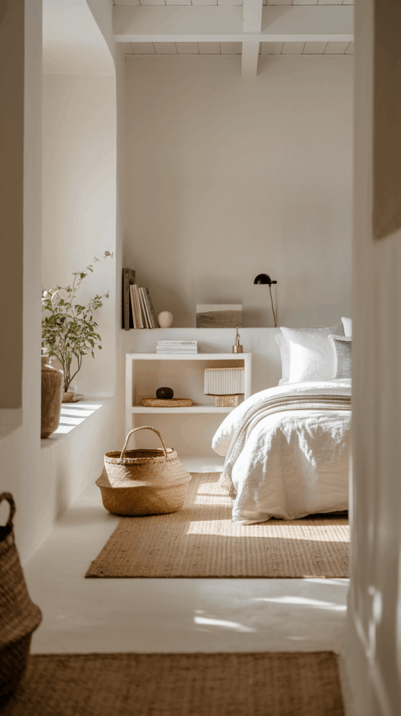 Minimalist bedroom with a built-in white floating nightstand shelf holding books and decor, next to a cozy linen bed and woven basket.