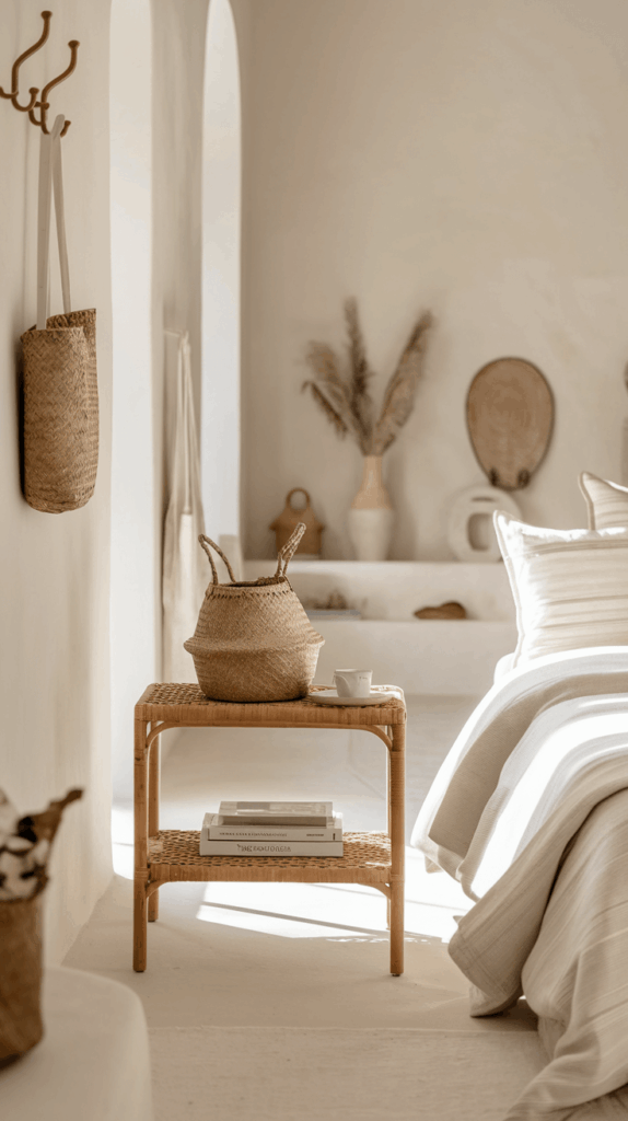 Minimalist bedroom scene with a woven wooden bedside table holding a basket, cup, and books, positioned next to a neatly made bed with light linens in a sunlit, cozy interior.