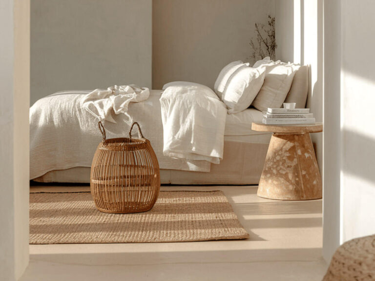 Minimalist bedroom with a low bed dressed in neutral linens, a small round bedside table holding books and a cup, and a woven basket on a natural fiber rug, bathed in warm sunlight.