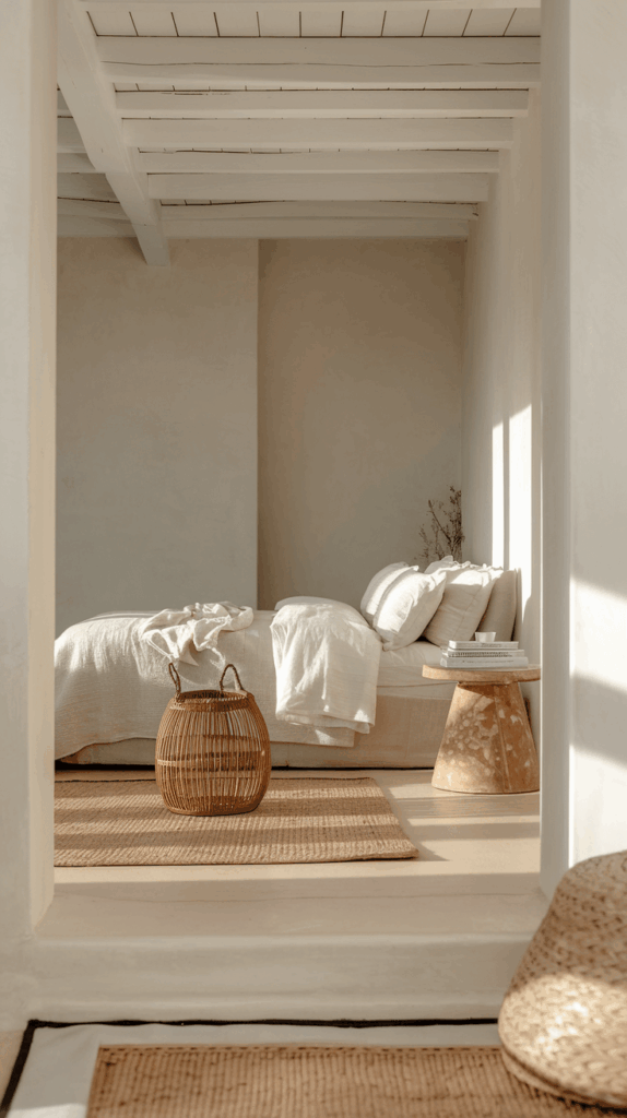 Minimalist bedroom with a low bed dressed in neutral linens, a small round simple bedside table holding books and a cup, and a woven basket on a natural fiber rug, bathed in warm sunlight.