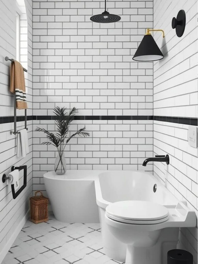 Contemporary bathroom with classic subway tiles and dark grout, black ceiling lamp, wall-mounted light, monochrome accents, and a corner bath.