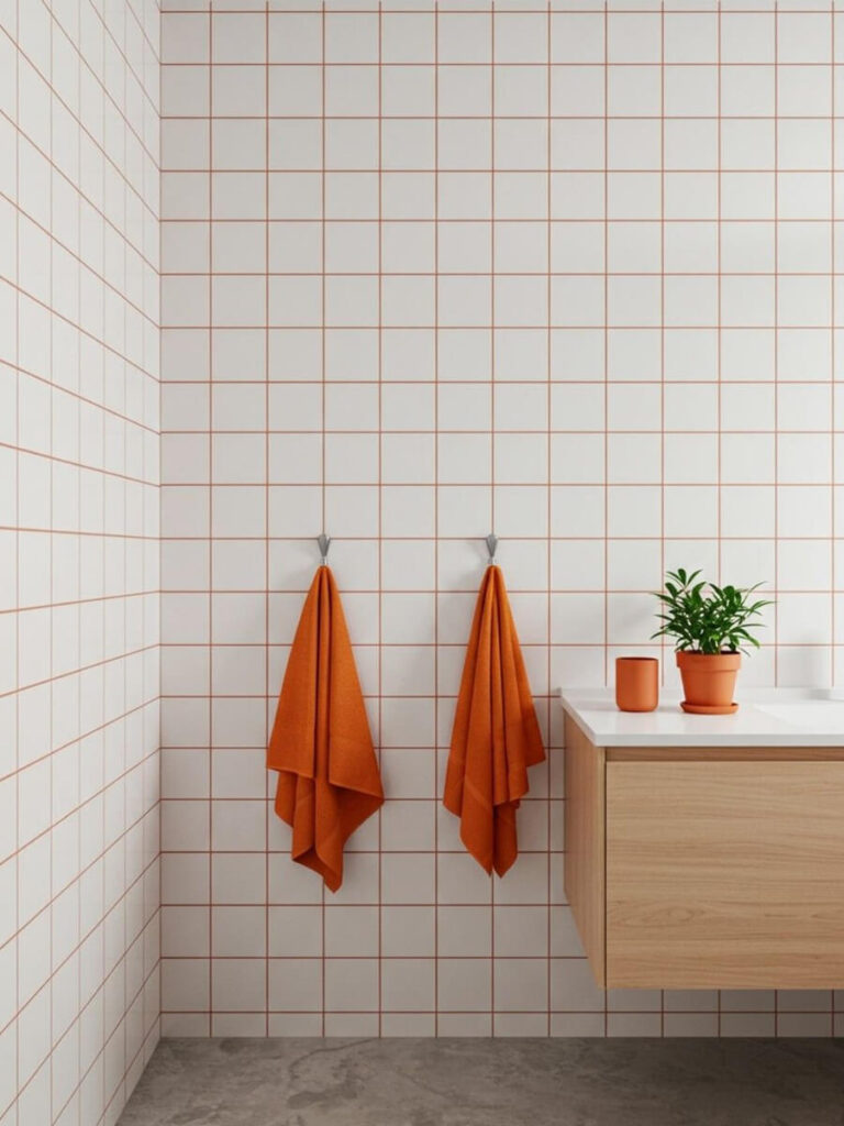 Contemporary bathroom with square white tiles outlined in orange grout, orange accessories, bright concrete floor, and natural wood vanity.