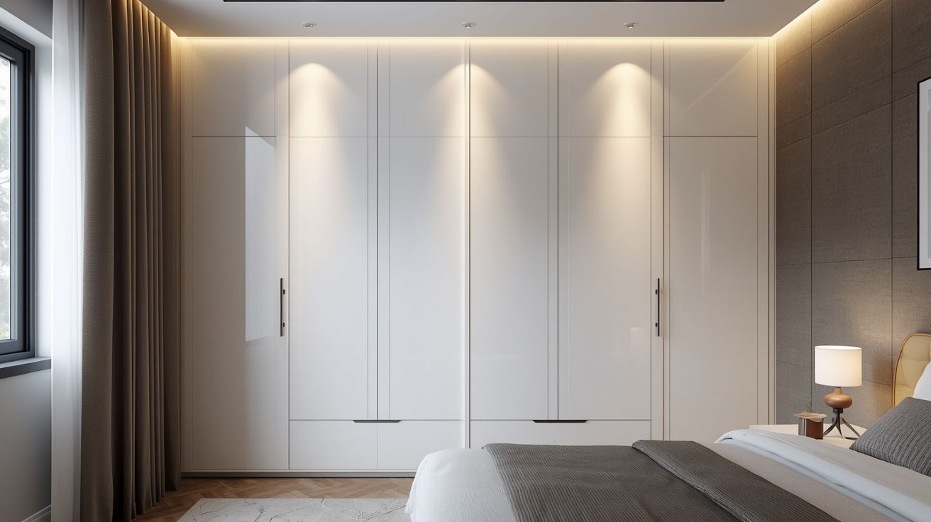 A floor-to-ceiling sliding door wardrobe, one panel partially open. The floor directly in front is completely clear. The open section reveals an organized interior. Shot in natural daylight. The image communicates spatial efficiency — the door opens without claiming floor. sliding door wardrobe in a small bedroom showing zero floor clearance required