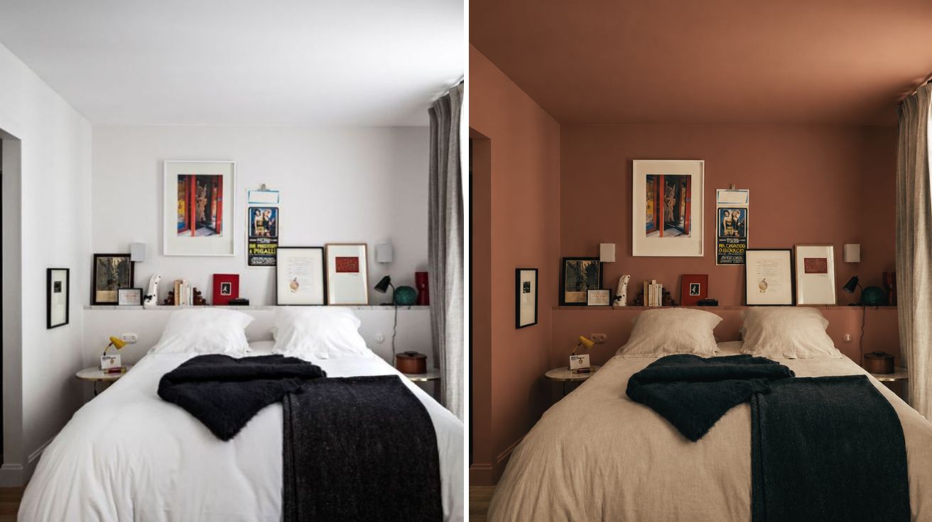 The same bedroom with different color combinations.