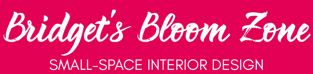 Logo of Bridget's Bloom Zone: on pink background white text is visible: Bridget's Bloom Zone Small-Space Interior Design