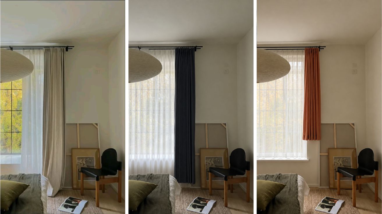 Curtain placement versions with different curtain length: ceiling-height pole and wide curtains in a small bedroom.