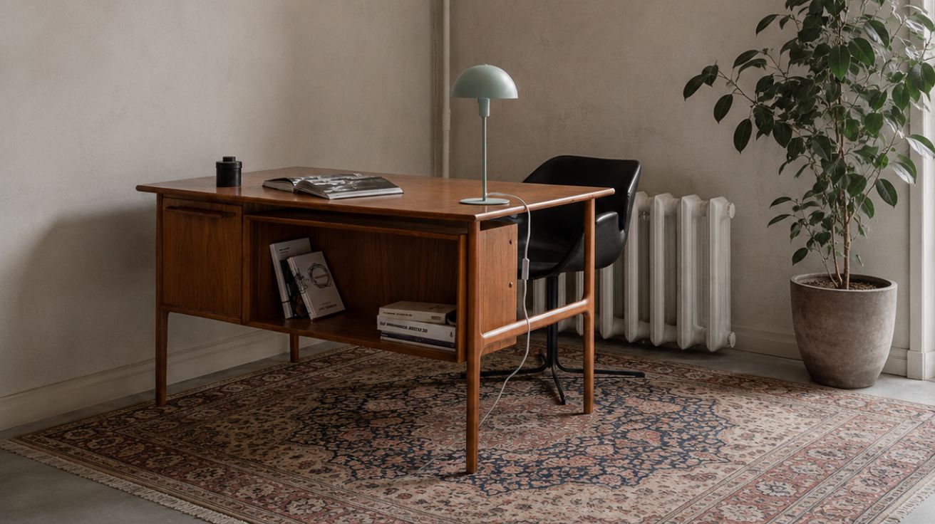 mid century modern office corner with a persian rug, turquise task lamp and a leather chair.