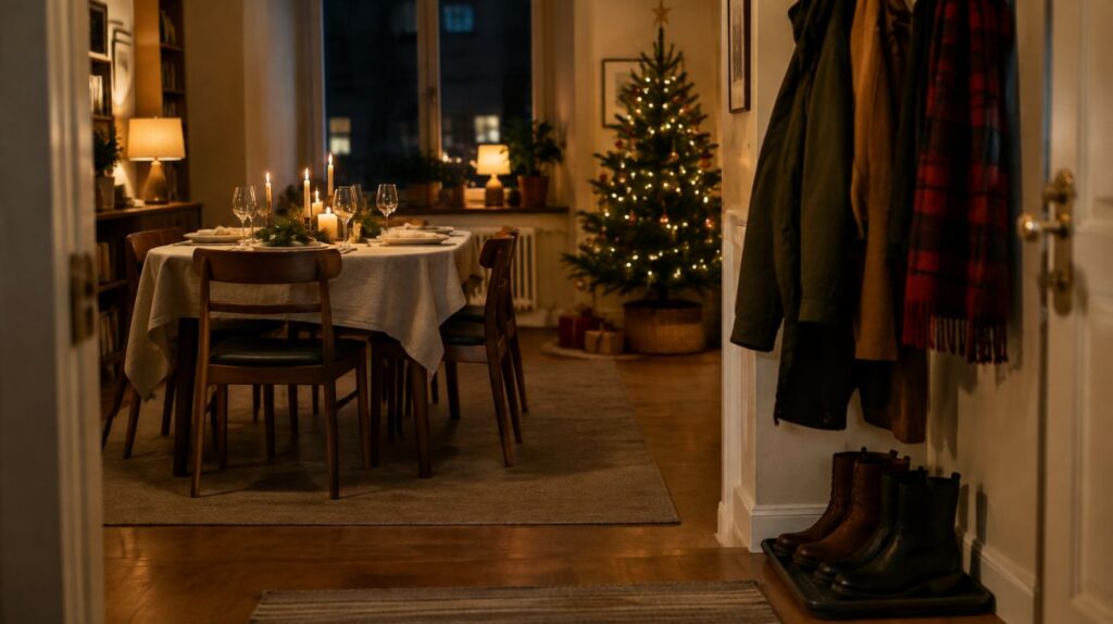 Christmas hosting ideas in a small apartment with the tree, table and coat area planned together