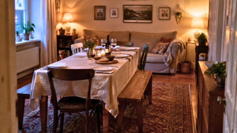 Hosting ideas for a small apartment: a linen-covered table for eight set up in a compact living room
