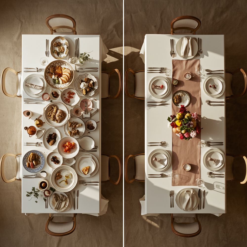 two table plans from above, side by side, victorian dinner, one covered in platters and tureens, one with fruit stand and flowers in center, ink line drawing, cream paper, one muted accent color